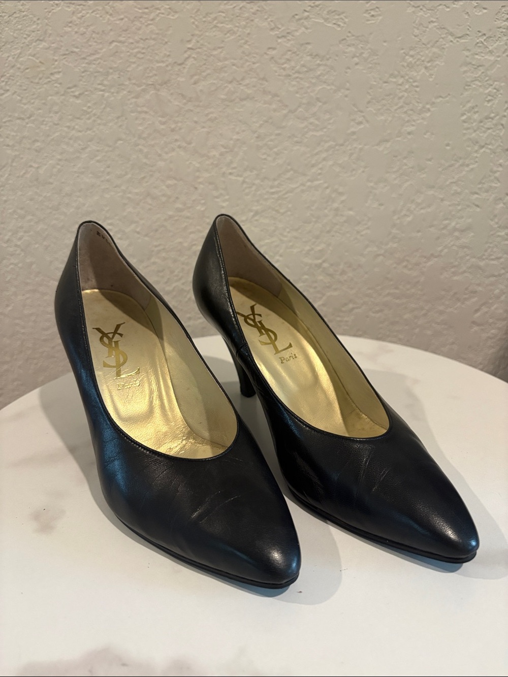 Yves Saint Laurent Black Leather Pointed Pumps with Gold Insole YSL